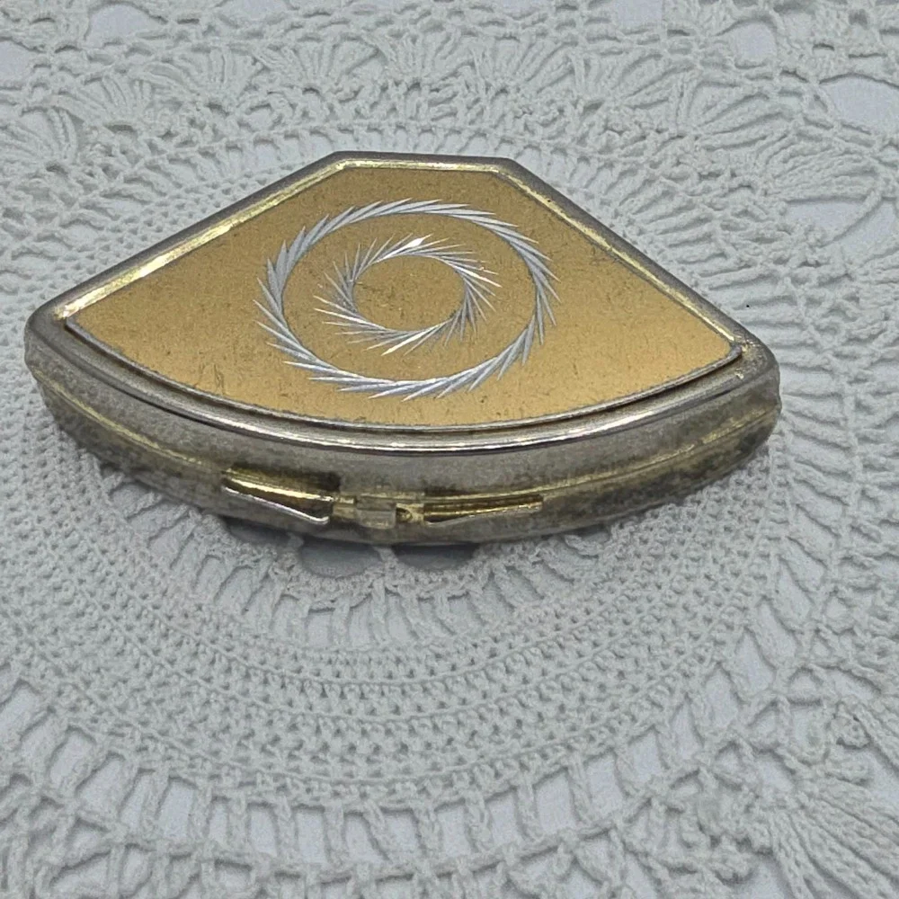 Vintage Pill Box Hong Kong Mixed Metals Gold Tone Sunburst Triangular Compact
